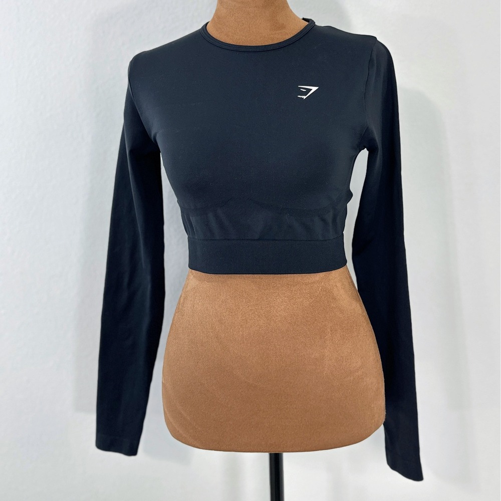 Gymshark Long Sleeve Crop Top Women's Small Black Ribbed Hem Athletic Gym